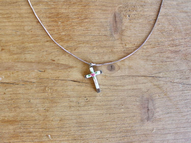 Hand painted sterling silver cross necklace