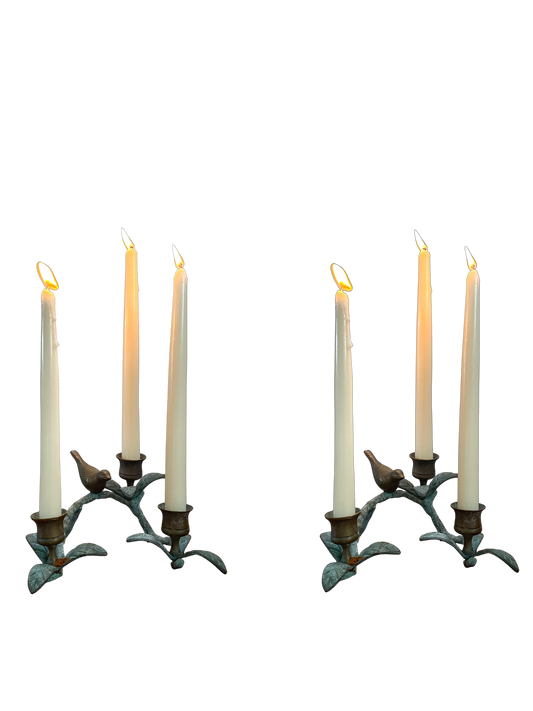 Brass and patina bird candlestick holders